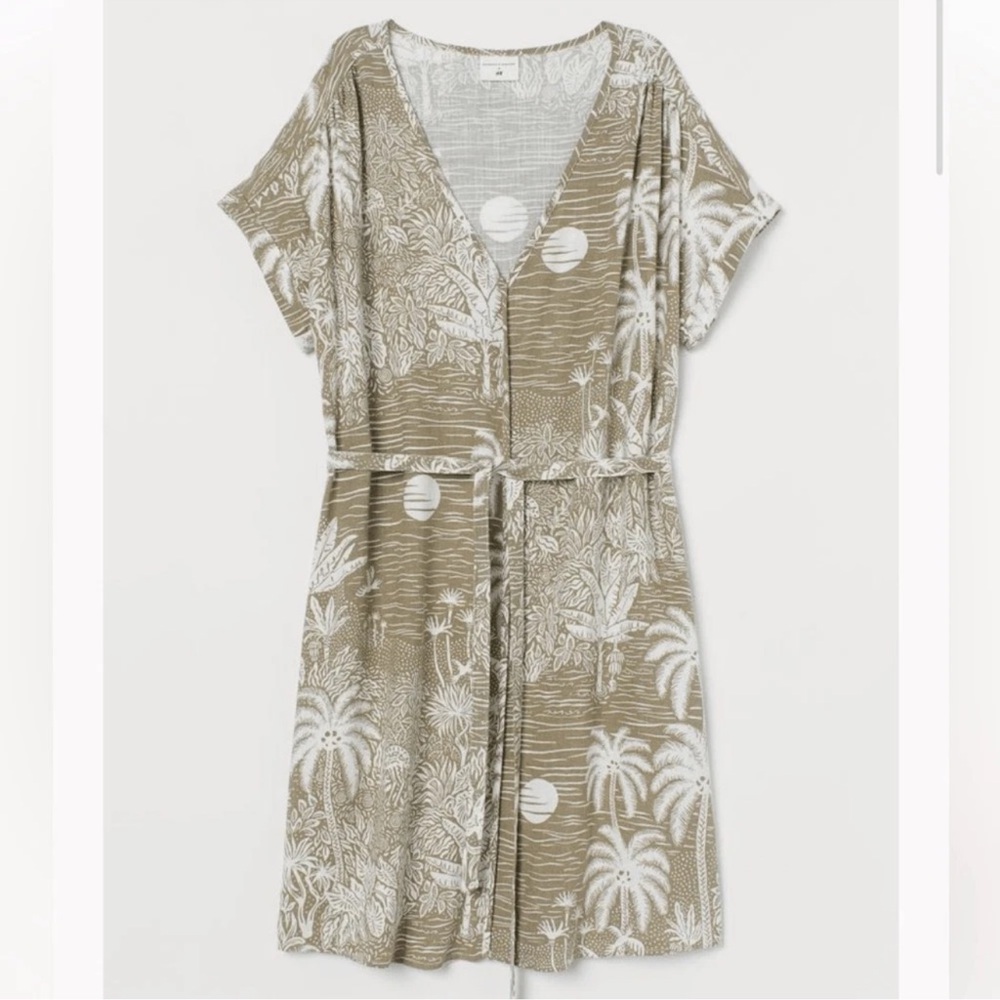 H&M Desmond and Dempsey Women's Green Linen Blend Tropical Print‎ Mini Dress XS